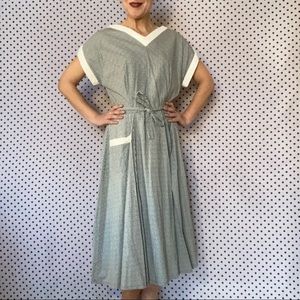 1950-60s Blue Black Tan Cotton Print Day Dress M-L